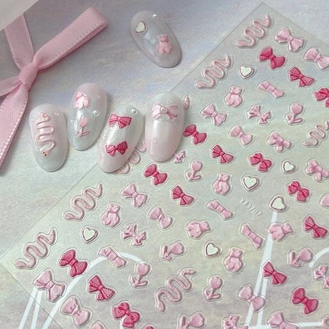3D Geprägt Nagelaufkleber Rosa Schleife Bär Herz Muster Selbstklebende Maniküre Abziehbilder Für DIY Dekoration