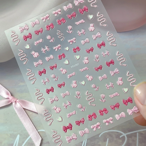 3D Geprägt Nagelaufkleber Rosa Schleife Bär Herz Muster Selbstklebende Maniküre Abziehbilder Für DIY Dekoration