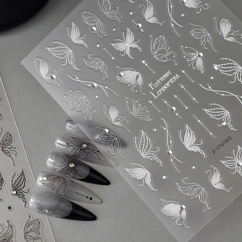 Pegatinas de Uñas de Mariposa con Relieve 5D Elegantes Calcomanías de Mariposa Blancas y Negras con Perlas Artificiales y Strass para Decoración de Manicura DIY