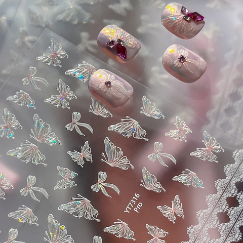 3D Relief Schmetterling Nagelkunst Aufkleber Holografisch Laser Schleife Spitze Design Selbstklebend Nagel Abziehbilder Damen Dekor