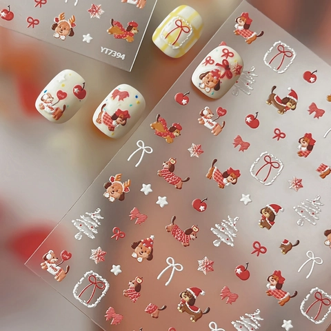 Autocollants pour Ongles 5D Relief Chiot de Noël Design Chien d'Hiver 3D Auto-Adhésifs Décoration Manucure Femme Bricolage