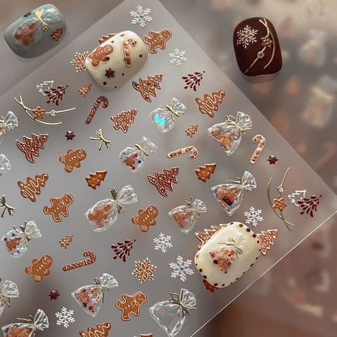 Christmas 3D Embossed Nail Art Stickers Gingerbread Man Christmas Tree Snowflake Gold Silver Stamping Nail Decals DIY Jewelry