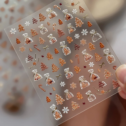 Christmas 3D Embossed Nail Art Stickers Gingerbread Man Christmas Tree Snowflake Gold Silver Stamping Nail Decals DIY Jewelry
