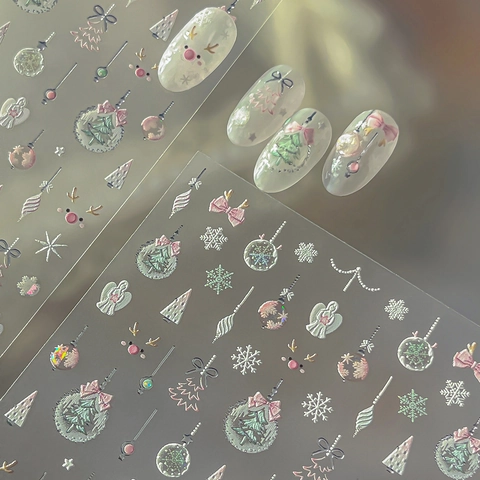 5D Geprägte Weihnachts Nagelaufkleber Schneeflocken Rentier Engel Schleifen Silber Muschelglanz DIY Maniküre Dekoration