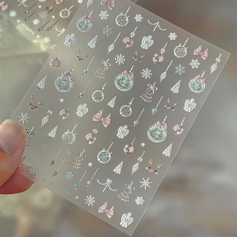 5D Geprägte Weihnachts Nagelaufkleber Schneeflocken Rentier Engel Schleifen Silber Muschelglanz DIY Maniküre Dekoration