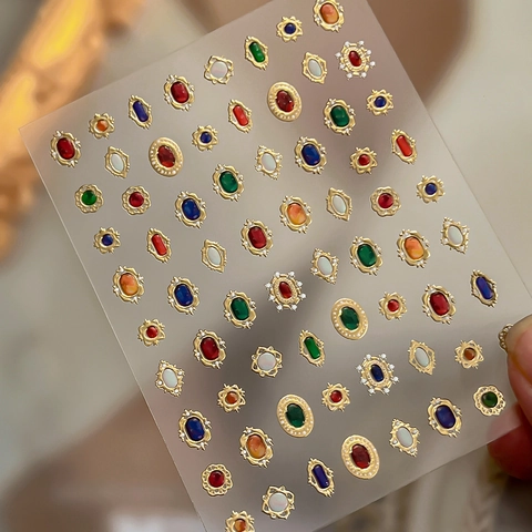 Französische Retro 3D Edelstein Nagelaufkleber Luxus Gold Geprägte Blumen Design Nagel Decals Für Damen DIY Maniküre Dekoration
