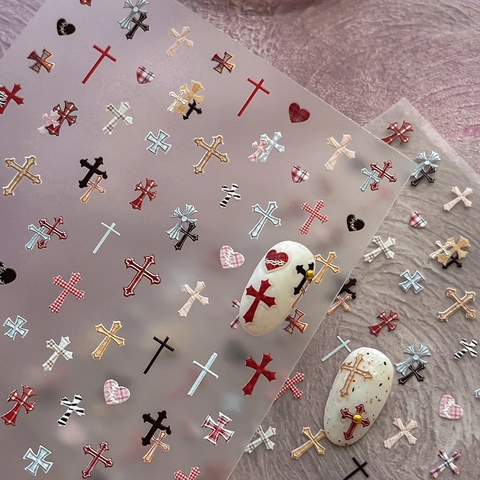 Gothic Cross Heart Nail Art Stickers Relief Plaid 3D Embossed Nail Decals For Women Punk Dark Cool Manicure DIY Decoration