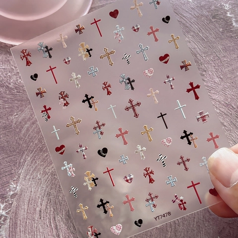 Gothic Cross Heart Nail Art Stickers Relief Plaid 3D Embossed Nail Decals For Women Punk Dark Cool Manicure DIY Decoration