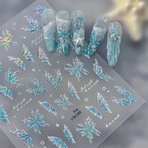 3D Relief Butterfly Nail Art Stickers Holographic Ocean Wave Embossed Nail Decals Romantic Sea Design For Women Manicure Decoration