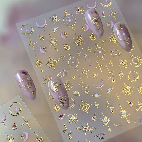 Himmlische Goldprägung Stern Mond Nagelaufkleber Retro Y2K Astrologie 3D Relief Selbstklebende Nail Art Decals Damen