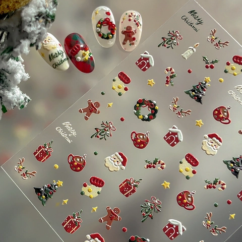Calcomanías para Uñas de Navidad Relieve 5D Papá Noel Hombre de Jengibre Reno Árbol de Navidad DIY Manicura Decoración