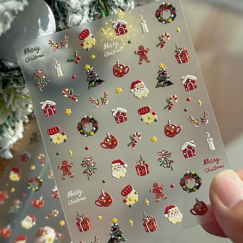 Calcomanías para Uñas de Navidad Relieve 5D Papá Noel Hombre de Jengibre Reno Árbol de Navidad DIY Manicura Decoración