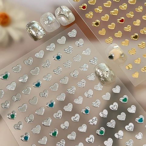 Heart 3D Embossed Nail Art Stickers Metallic Gold Silver Hot Stamping Heart Decals For Women Manicure Decorations