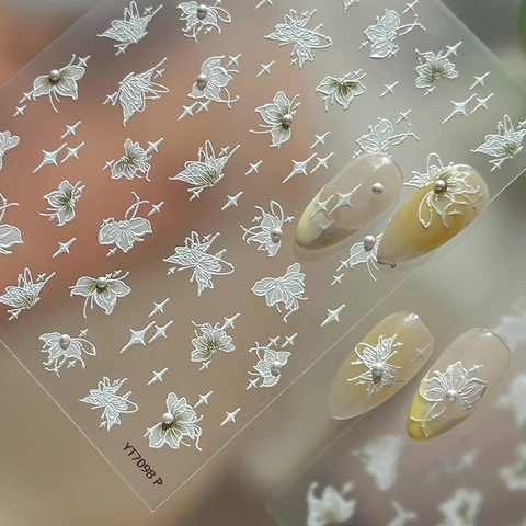 5D Relief Schmetterling Nagelaufkleber Elegant Weiß Blume Künstliche Perle Verzierte Selbstklebende Nagel Abziehbilder Für Damen