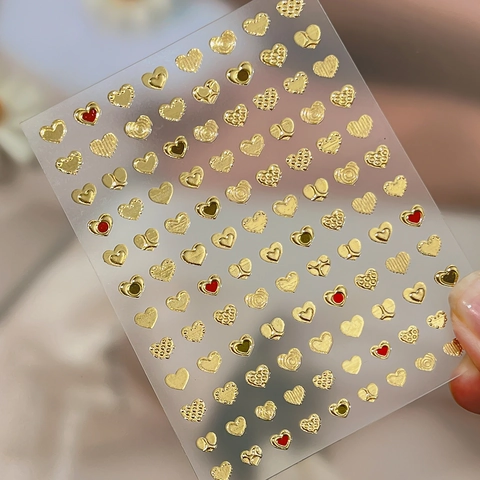 Heart 3D Embossed Nail Art Stickers Metallic Gold Silver Hot Stamping Heart Decals For Women Manicure Decorations