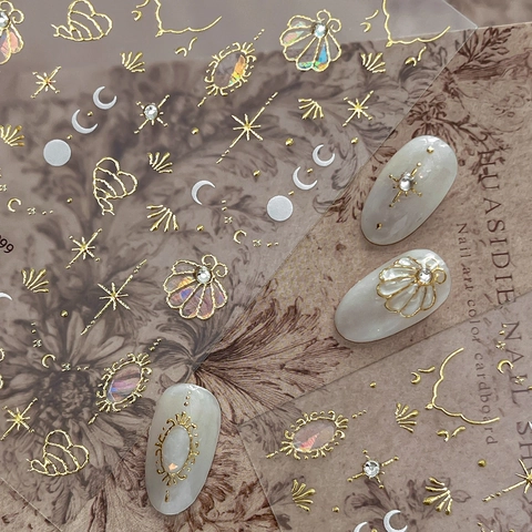 Pegatinas de Uñas 3D Concha Estrella Luna Oro Strass Lujo Rococó Estilo Vintage Calcomanías Autoadhesivas Para Mujer