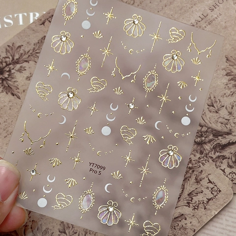 Pegatinas de Uñas 3D Concha Estrella Luna Oro Strass Lujo Rococó Estilo Vintage Calcomanías Autoadhesivas Para Mujer