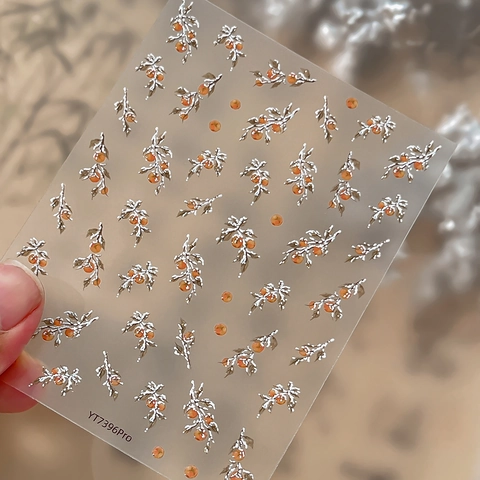 3D Relief Nail Stickers New Chinese Style Persimmon Silver Branch Design Manicure Art Decals For Women Transparent Base