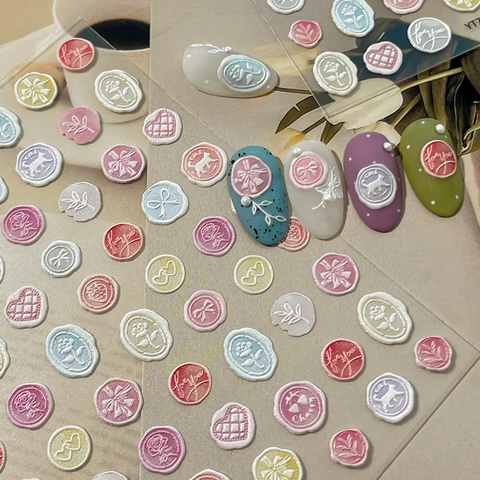 3D Relief Wax Seal Style Nail Art Stickers Retro Rose Cat Heart Pattern Self Adhesive DIY French Manicure Decoration For Women