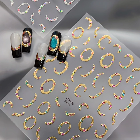 3D Metallic Relief Nail Art Stickers Gold Silver Foil Gemstone Design Rhinestone Embellished Luxury DIY Manicure Decor