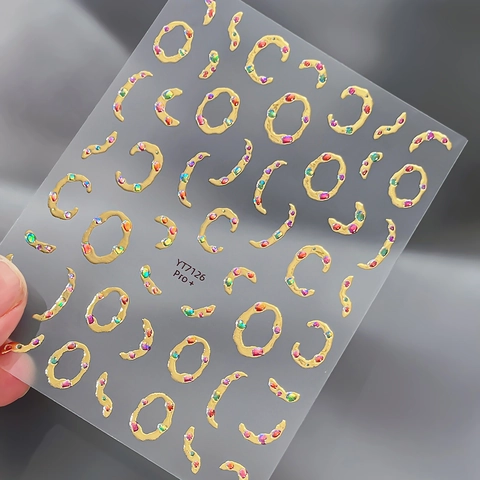 3D Metallic Relief Nail Art Stickers Gold Silver Foil Gemstone Design Rhinestone Embellished Luxury DIY Manicure Decor