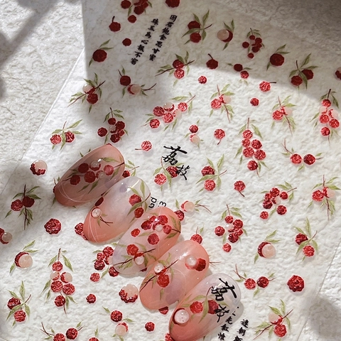 Chinesischer Stil Litschi Frucht Nagelaufkleber Frische Botanische Kalligraphie Design Geprägte Flache Jelly Nail Art Dekorationen