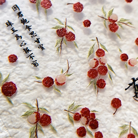 Chinesischer Stil Litschi Frucht Nagelaufkleber Frische Botanische Kalligraphie Design Geprägte Flache Jelly Nail Art Dekorationen