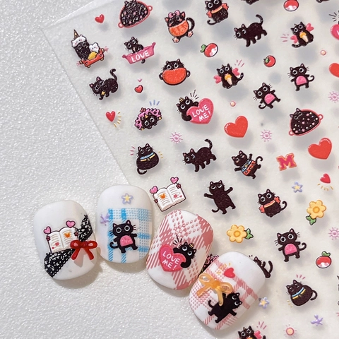 Relief Schwarz Katze Nagelaufkleber Süße Cartoon Herz Schleife Design Selbstklebend Nagelsticker DIY Dekoration Für Damen