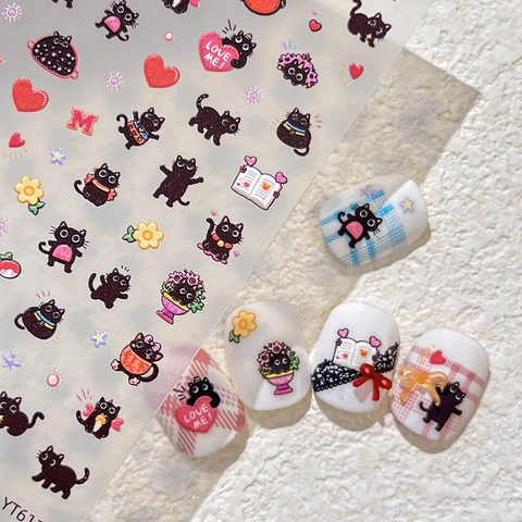 Relief Schwarz Katze Nagelaufkleber Süße Cartoon Herz Schleife Design Selbstklebend Nagelsticker DIY Dekoration Für Damen