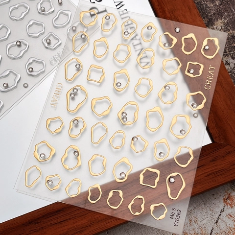 3D Metallic Nail Art Stickers Gold Silver Embossed Heart Irregular Geometric Lines With Rhinestones For Women Manicure