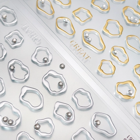 3D Metallic Nail Art Stickers Gold Silver Embossed Heart Irregular Geometric Lines With Rhinestones For Women Manicure