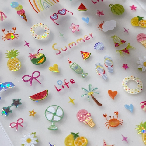 Yitu Sommer 3D-Relief Nagelkunst-Aufkleber Bunte Laser Holografische Cartoon Frucht Regenbogen Aufkleber Maniküre Dekor YT6080Te