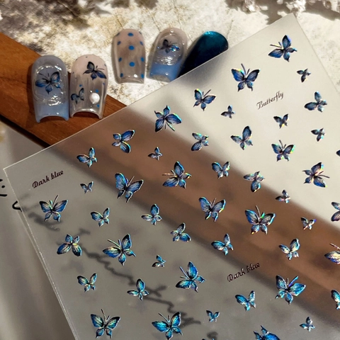 Holographic Silver Laser Blue Butterfly Nail Art Stickers Exquisite Butterfly Designs DIY Decorative Manicure Decals For Women
