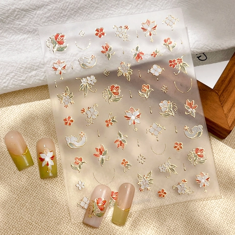 Vintage Gold Embossed Flower Nail Stickers 3D Relief Floral Decals For Women DIY Manicure Nail Art Decoration