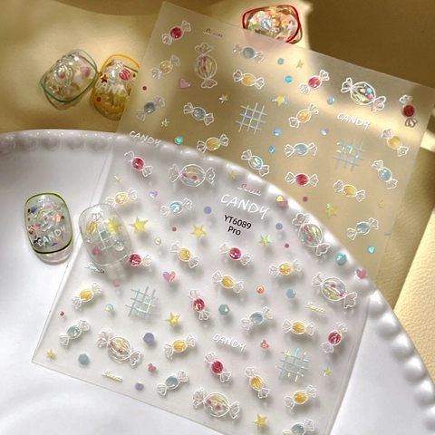 Stickers à Ongles en Relief 3D Bonbons Aurore Irisé Sweets Motif Étoile Auto-Adhésifs Nail Art Décalcomanies pour Femmes