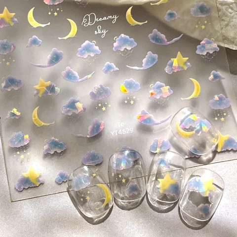 Laser Holographic Nail Art Stickers Dreamy Sky Cloud Moon Star Shell Luster Self Adhesive Decorative Decals For Women