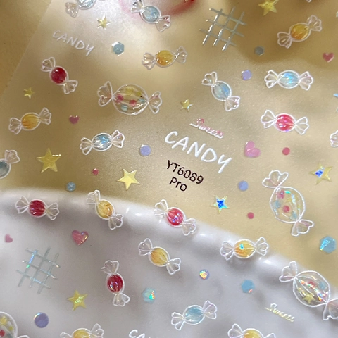 Stickers à Ongles en Relief 3D Bonbons Aurore Irisé Sweets Motif Étoile Auto-Adhésifs Nail Art Décalcomanies pour Femmes