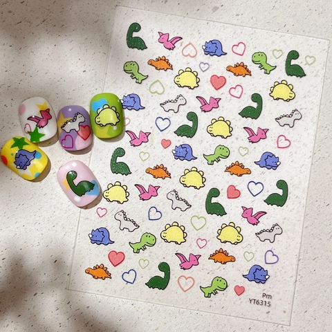Autocollants Nail Art Dinosaure Dessin Animé Colorés Mignons Animaux Décalcomanies Auto-Adhésives pour Femmes Enfants Manucure DIY