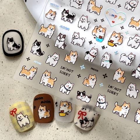 Adesivi per Unghie a Forma di Cane Cartone Animato Laser Argento Carini Shiba Inu Corgi Olografici Fai da Te Donna
