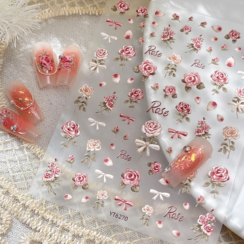 3D Geprägt Vintage Rose Nagelaufkleber Süß Retro Floral Schleife Design Französisch Romantisch Stil Selbstklebend Nagel Decals Für Damen DIY Dekoration