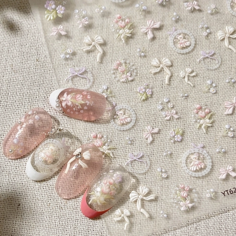 3D Embossed Nail Art Stickers Bowknot Tulip Flower Bear Design 5D Relief Self Adhesive Decals For Women DIY Decoration