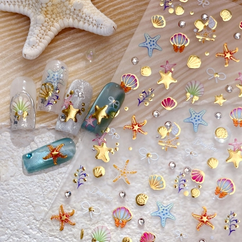 Pegatinas de Uñas Tema Oceánico en Relieve 3D Bronceado Oro Diseño Concha Estrella de Mar Caballito de Mar Decoración Manicura DIY