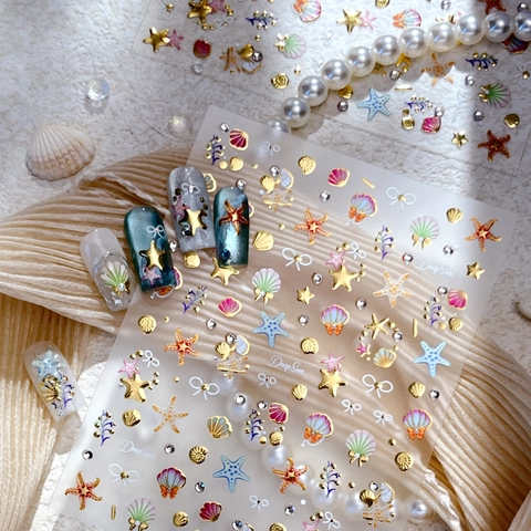 Pegatinas de Uñas Tema Oceánico en Relieve 3D Bronceado Oro Diseño Concha Estrella de Mar Caballito de Mar Decoración Manicura DIY