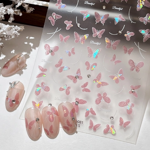 Butterfly Nail Art Stickers Holographic Laser DIY Manicure Decoration With Rhinestones Elegant Shell Glow Decals For Women