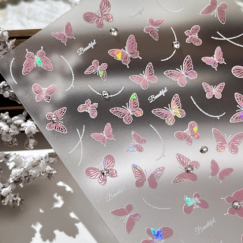 Butterfly Nail Art Stickers Holographic Laser DIY Manicure Decoration With Rhinestones Elegant Shell Glow Decals For Women