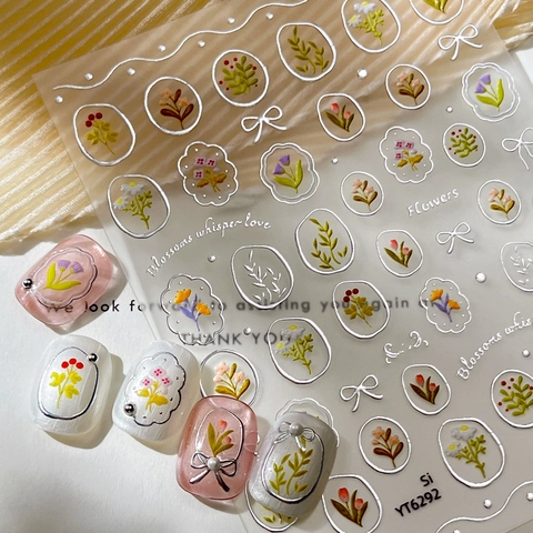 Vintage 3D Relief Silver Hot Stamping Floral Nail Art Stickers Bouquet Bow Design Sweet Elegant Manicure Decoration For Women