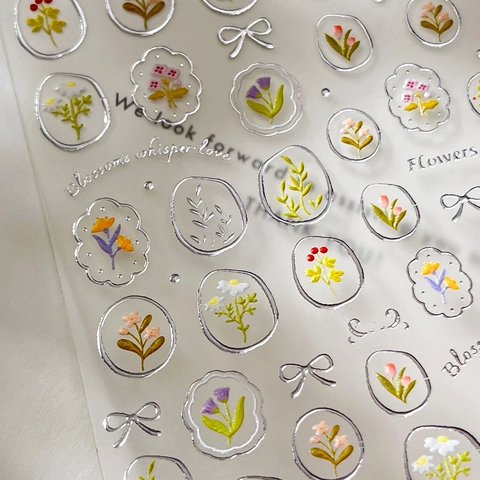 Vintage 3D Relief Silver Hot Stamping Floral Nail Art Stickers Bouquet Bow Design Sweet Elegant Manicure Decoration For Women
