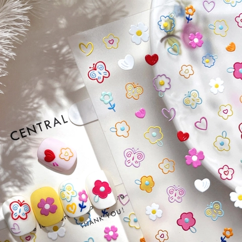 5D Reliëf Graffiti Bloem Nagelstickers Kleurrijke Zoete Schmetterling Hart Ontwerp DIY Nagelkunst Decoratie Voor Dames