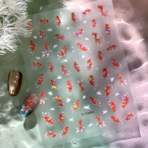 Chinesischer Stil Koi Goldfisch Nagelkunst-Aufkleber Süße Laser Holografische Lotus Muster DIY Maniküre Dekoration Für Damen