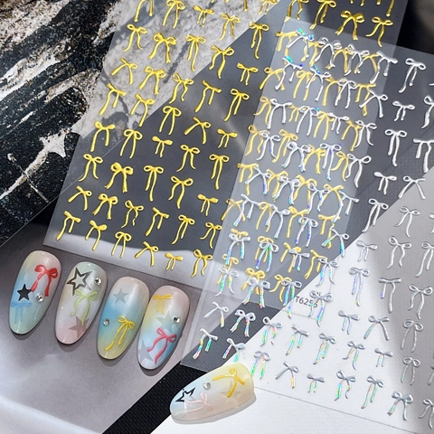 3D Embossed Bow Nail Art Stickers Gold Silver Laser Holographic Butterfly Design Self Adhesive DIY Manicure Decoration Decals